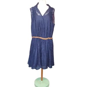 Bailey Blue 3X Dress Midi Blue Belted Ruffle Skirt Sheer Lace Sleeveless…